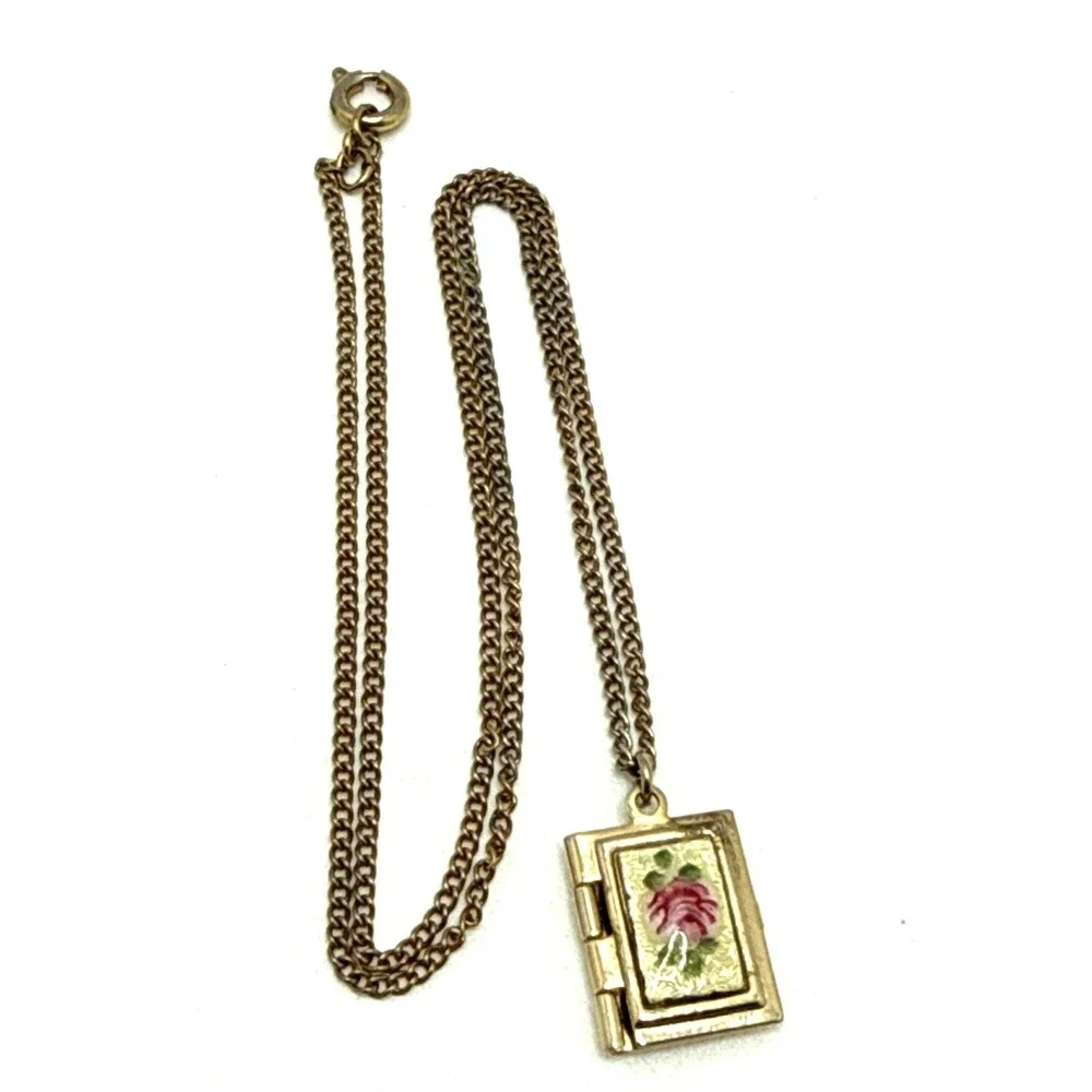 Vintage Guilloche Enamel Locket Necklace Child Size Rose Design Gold Tone 15